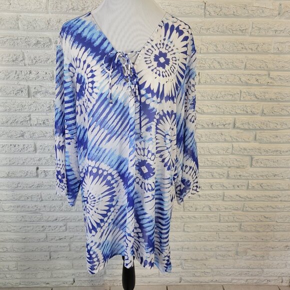 Ana Womens Top 2X Plus Tunic 3/4 Sleeve Blue Tie Dye Lace Up Lightweight TIE15E - Picture 1 of 9